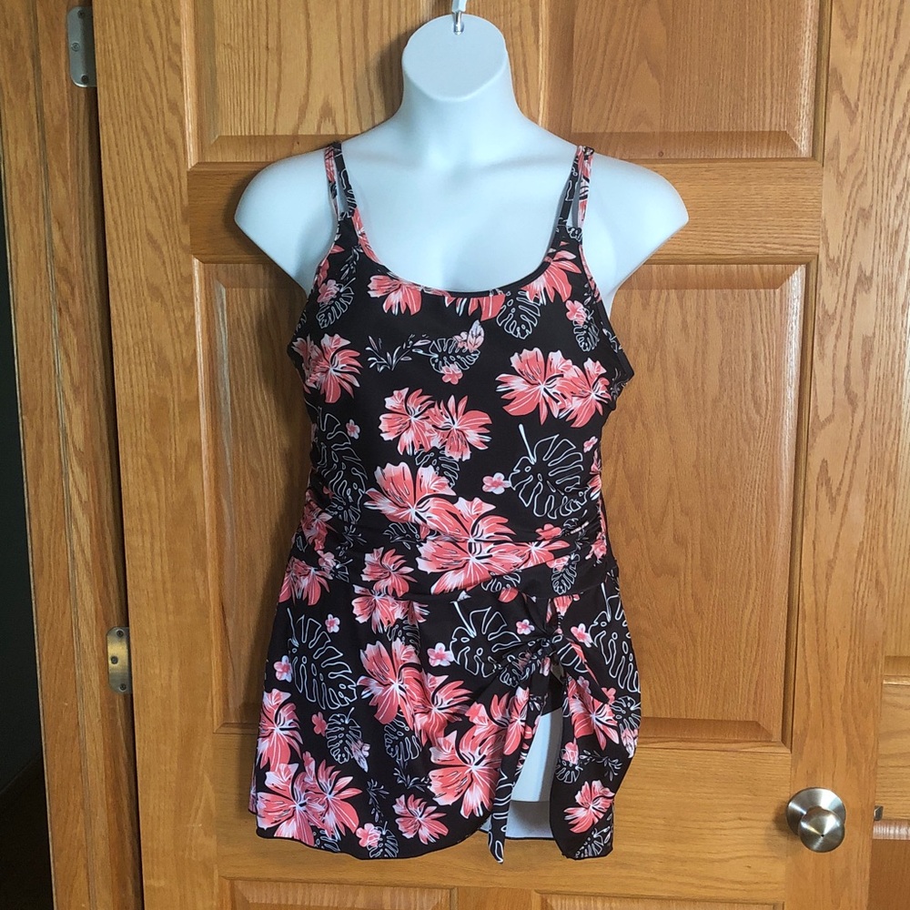 Black Floral One-Piece Swim Dress with Pink Hibiscus Print
